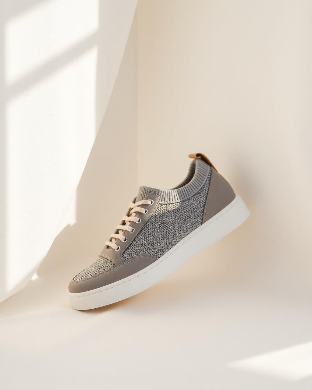Brunello Cucinelli Knit and Leather Sneaker in stone